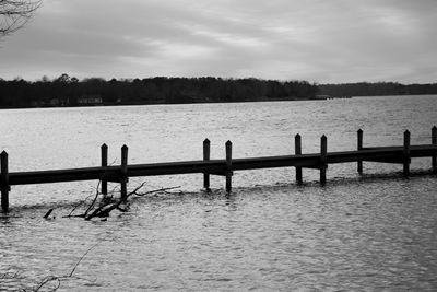 Pier on lake against sky