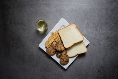 High angle view of breakfast on table