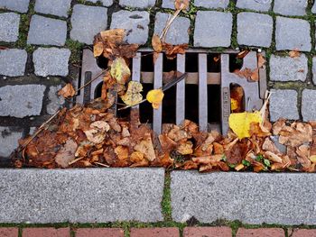 Close-up of metal grate on brick wall