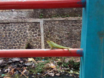 High angle view of pipe seen through metal fence