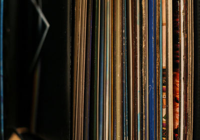 Close-up of record collection