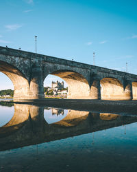 Arch bridge over river against clear blue sky