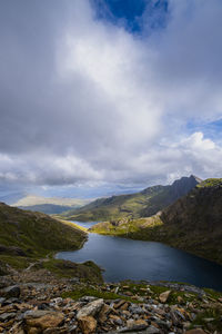 Scenic view of sea and mountains against sky