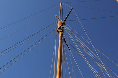 Low angle view of mast against clear blue sky