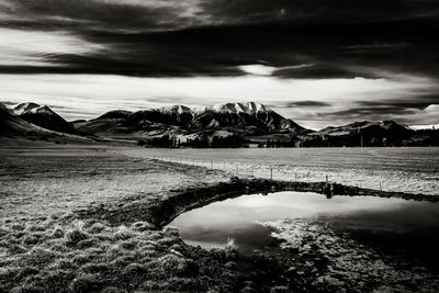 Scenic view of lake against cloudy sky