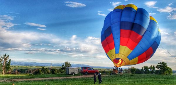 Hot air balloons on field against sky