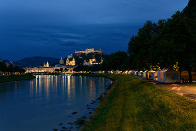 Scenic view of river by buildings against sky at dusk