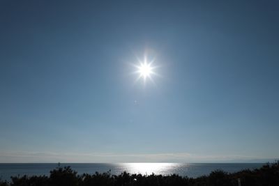 Sun shining over lake against clear sky