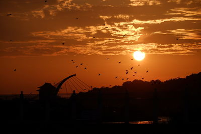 Silhouette birds flying against orange sky