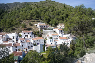 High angle view of buildings in town