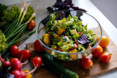High angle view of salad in bowl on table