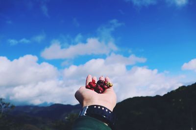 Midsection of woman holding umbrella against blue sky