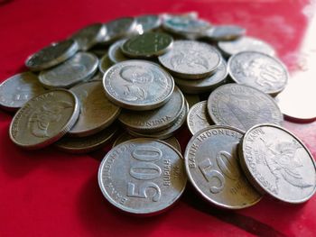 Close-up of coins on table