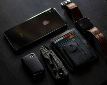 High angle view of smart phone on table