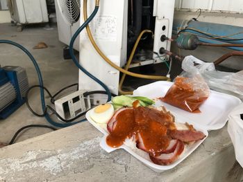 High angle view of food in plate on table