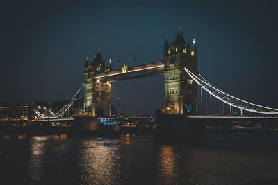 Illuminated bridge over river at night