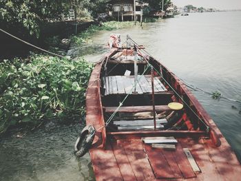 High angle view of boat moored on river