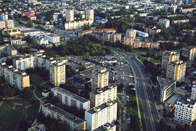 High angle view of buildings in city