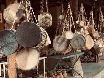 Close-up of clothes hanging on log