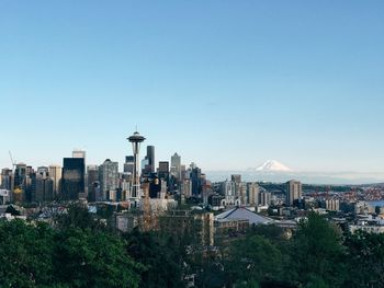 View of cityscape against clear blue sky