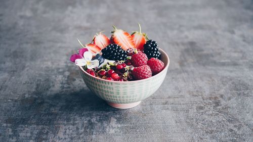 High angle view of fruits in bowl on table