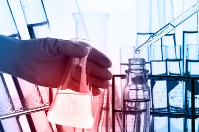 Cropped hand of scientist holding chemical in flask at laboratory