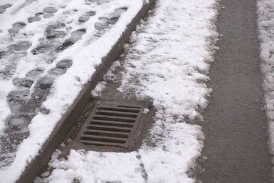 Close-up of snow covered metal grate