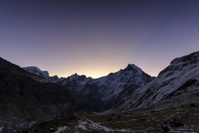 Scenic view of mountains against clear sky during winter