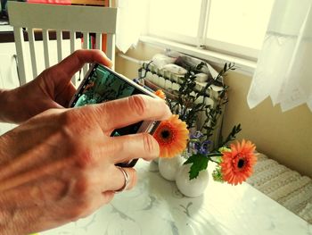 High angle view of hand holding bouquet of people on table