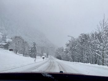 Road passing through snow covered trees