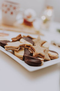 Close-up of cookies in plate on table