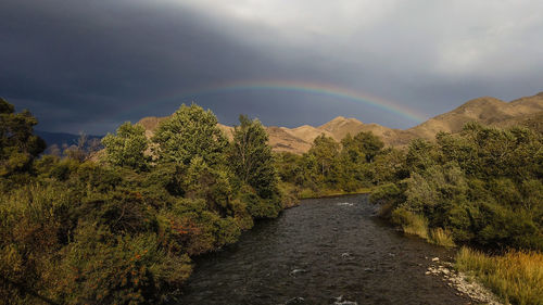 Scenic view of rainbow over trees against sky