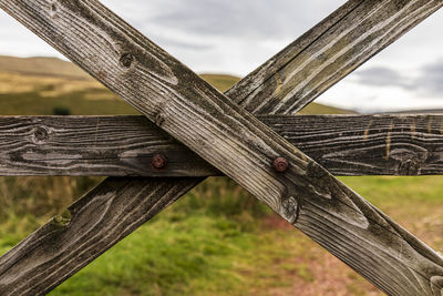 Close-up of wooden fence on field