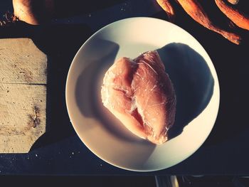 High angle view of breakfast in plate on table