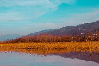 Scenic view of lake against sky during sunset