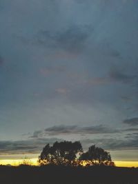 Silhouette trees on field against sky at sunset