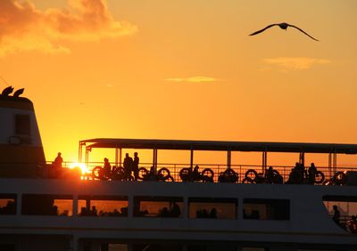 Silhouette birds flying against orange sky