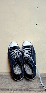 High angle view of shoes on wall