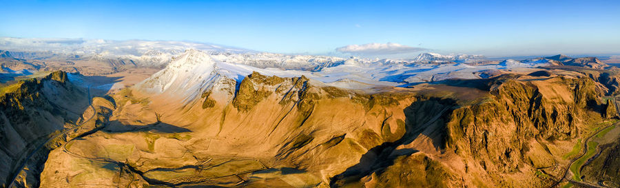 Panoramic view of snowcapped mountains against sky