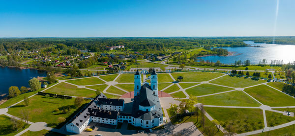 Beautiful aerial view of the white chatolic church basilica in latvia, aglona.