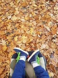 Low section of person with backpack sitting on autumn leaves
