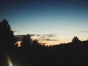 Silhouette trees against clear sky at sunset