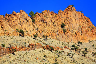 Scenic view of mountains against clear blue sky