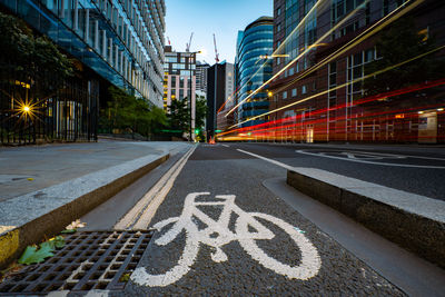 Cycle lane on a london street with light trails