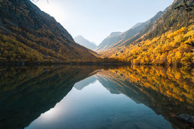 Scenic view of lake by mountains against sky