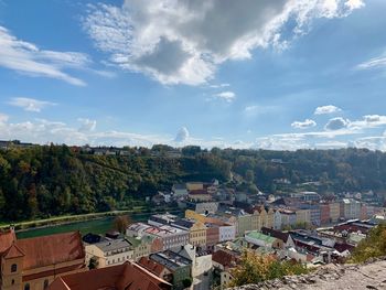 High angle shot of townscape against sky