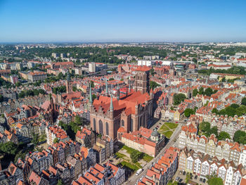 High angle view of old town against sky, aerial view on the old town in gdansk, poland