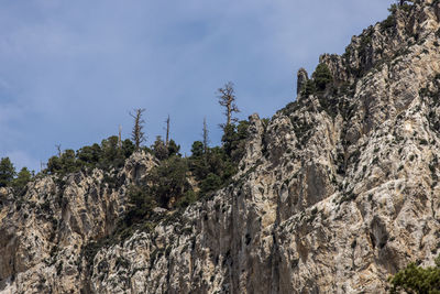 Low angle view of rocks on mountain against sky