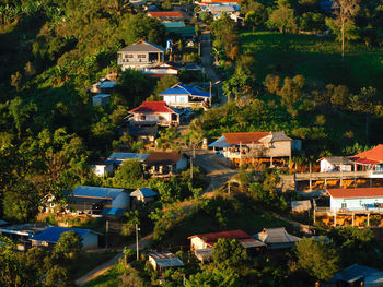 High angle view of houses in town