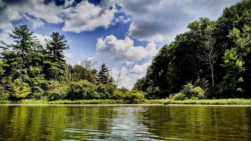 Scenic view of lake against cloudy sky